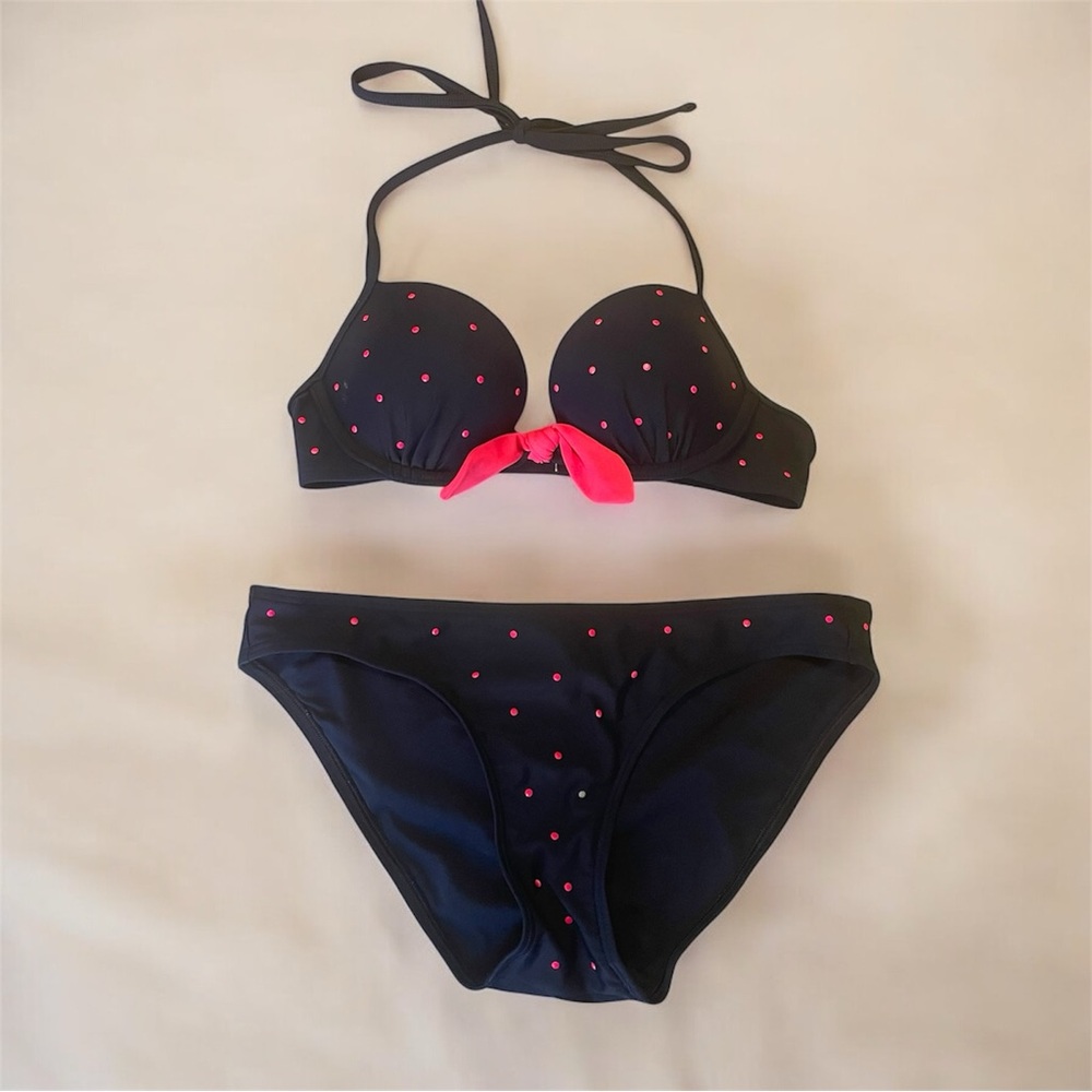 Aerie Navy and Pink Polka Dot Bikini Set 32b Small